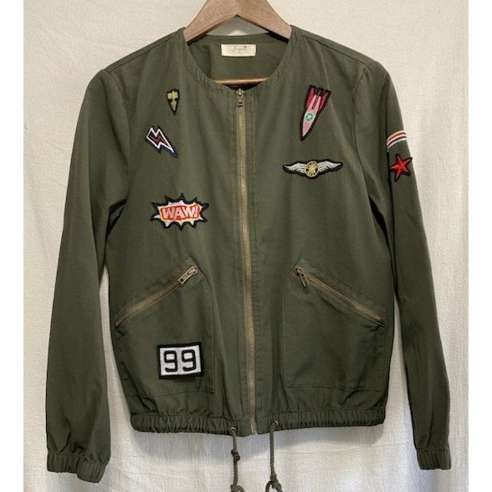 Freebird Patch Bomber Jacket Womens M Olive Military Utility Y2K Streetwear